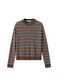 Pulover cu mâneci lungi și guler rotund, cu dungi orizontale în culorile maro, gri, alb și negru, cu manșete și tiv striate.