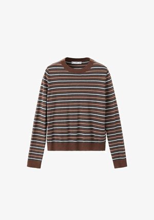Long-sleeve crew neck sweater with horizontal stripes in brown, gray, white, and black, with ribbed cuffs and hem.