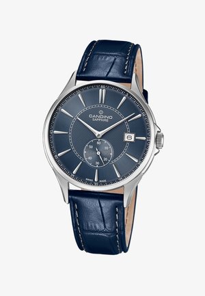 Silver stainless steel watch with a blue textured dial, silver markers, date window, and navy leather strap. Features chronograph subdial.