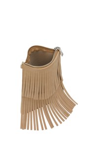 Fringe clutch taske i lys beige ruskind, med lynlåslukning og detaljeret med flere frynser langs forsiden for tekstur.
