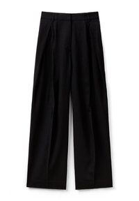 Černé kalhoty s širokými nohavicemi, dvěma předními sklady, plochým pasem a hladkou texturou. Vyrobené z lehké látky pro pohodlí.
