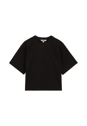 Sort oversized t-shirt med korte ærmer, rund halsudskæring, løs pasform og en lille synlig hvid størrelseslabel inde i kraven.