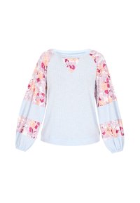 Felpa azzurro chiaro con maniche a fantasia floreale nei toni del rosa e della crema. Presenta un collo a V e una texture a costine sul corpo. Maniche lunghe a sbuffo.