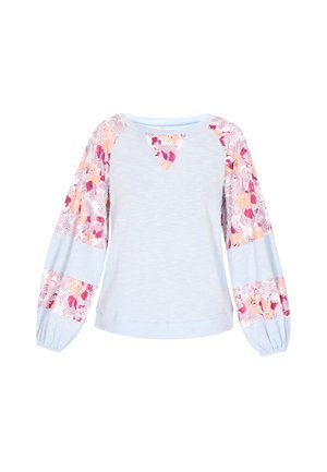 Błękitny sweter z kwiatowymi rękawami w odcieniach różu i kremu. Posiada dekolt w kształcie litery V oraz ribbową strukturę na korpusie. Długie bufiaste rękawy.