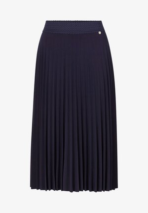 Navy pleated skirt with a textured smocked waistband, featuring a silver accent near the waist. Made of soft, flowing fabric.
