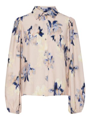 Langärmlige Bluse mit Kragen, beigem Grund, abstraktem blauen und sandfarbenem Blumenmuster, Knopfleiste vorne und elastischen Bündchen.