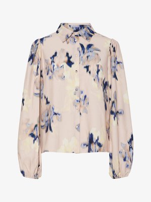 Blusa de manga longa com colarinho, base bege, estampa floral abstracta em azul e castanho, com fecho de botões à frente e punhos elásticos.