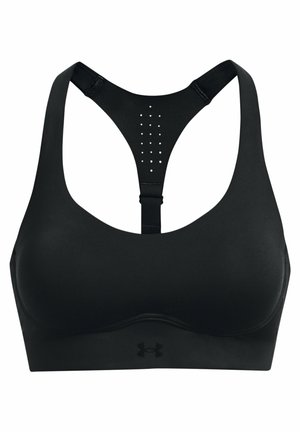 Top sportivo nero con design a racerback e dettagli perforati, realizzato in tessuto liscio ed elastico, rinforzato con spalline regolabili.