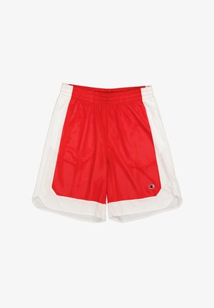 Pantaloni da basket a rete rossi e bianchi con elastico in vita, dotati di pannelli laterali e di un piccolo logo sul lato anteriore sinistro.