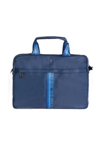 Navyblå bärväska för laptop med dubbla handtag, med en slät yta, en central blå rand och präglad logotypdetalj på framsidan.