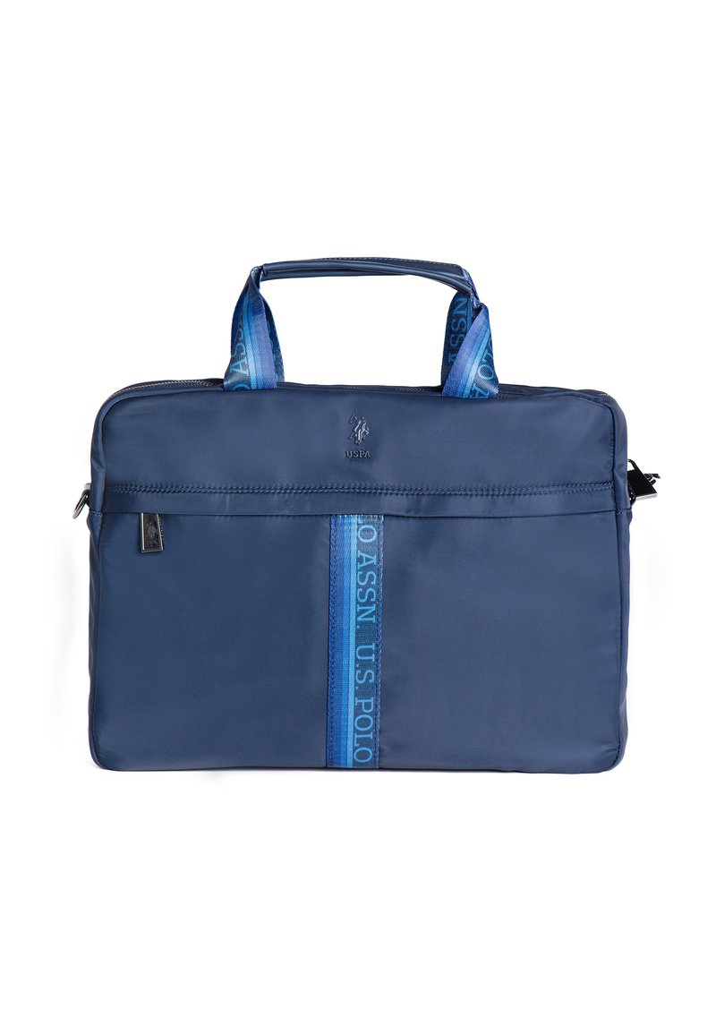 Navyblå bärväska för laptop med dubbla handtag, med en slät yta, en central blå rand och präglad logotypdetalj på framsidan.
