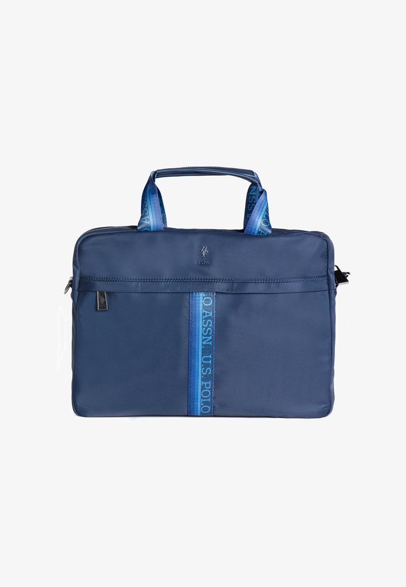 Navyblå bärväska för laptop med dubbla handtag, med en slät yta, en central blå rand och präglad logotypdetalj på framsidan.