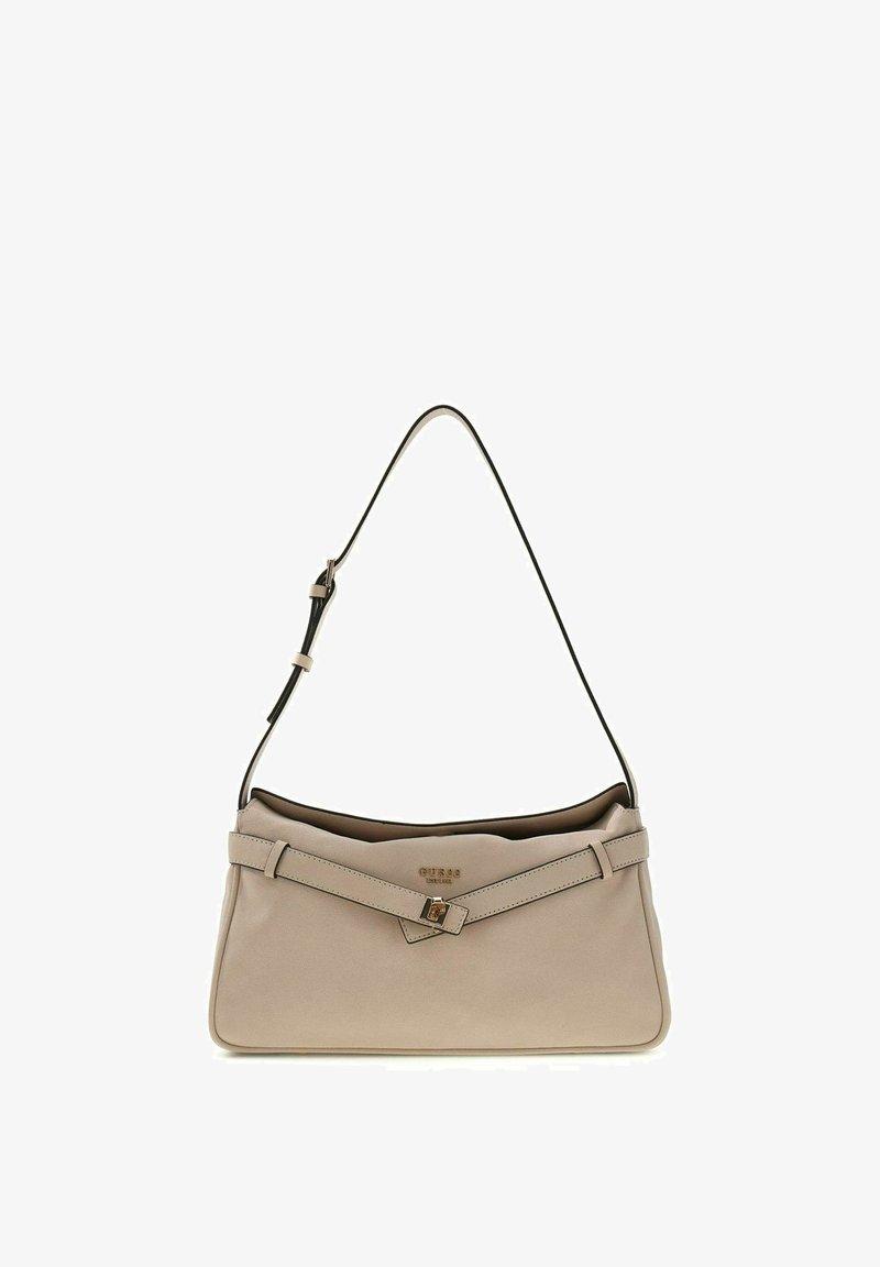 Sac à bandoulière en cuir beige avec sangle réglable et détail décoratif de ceinture à l'avant, taille moyenne et forme structurée.