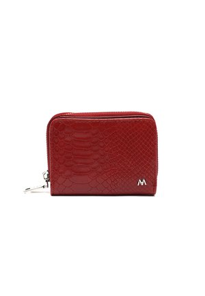 Red leather wallet with a textured, reptile-inspired pattern, featuring a zip closure and a silver logo accent on the side.