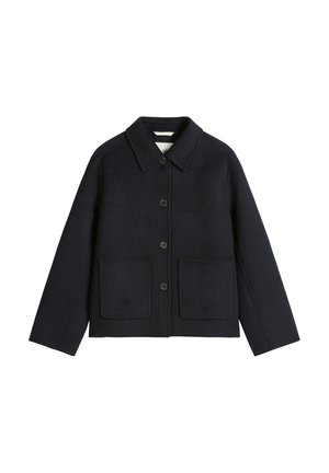 Marineblauwe jas van een wollen mix met een puntkraag, knoopsluiting aan de voorkant en twee grote schuine zakken. Soepele textuur en een ontspannen silhouet.