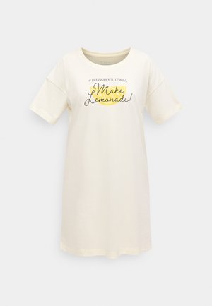 Korte mouw, crèmekleurige T-shirtjurk met ronde hals en een print van een citroen en de tekst "Als het leven je citroenen geeft, maak dan limonade!"