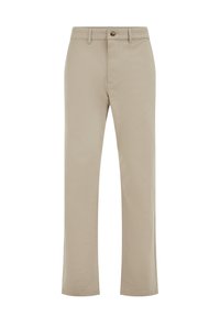 Pantalon en coton beige avec une coupe droite, poches avant et fermeture à un bouton métallique. Texture lisse avec des détails de couture minimalistes.