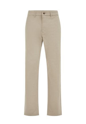 Pantalon en coton beige avec une coupe droite, poches avant et fermeture à un bouton métallique. Texture lisse avec des détails de couture minimalistes.
