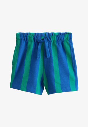 Blå og grønne shorts med lodrette striber, elastisk talje og snøre foran.