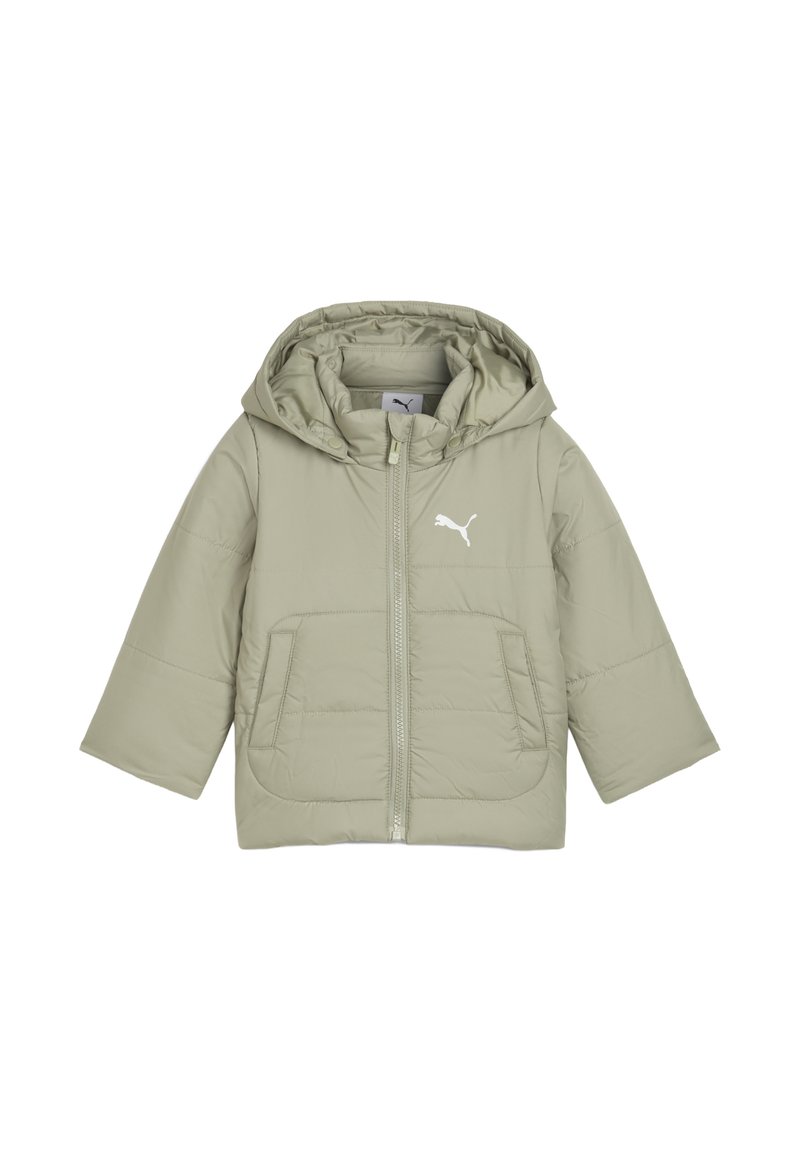 Giacca a vento verde chiaro con cappuccio, zip frontale e due tasche laterali. Presenta il logo Puma in bianco sul petto.