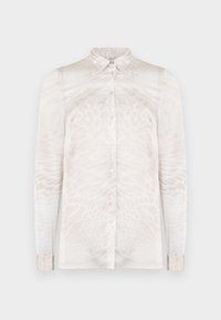 Ανοιχτό μπεζ πουκάμισο με κουμπιά, κατασκευασμένο από διαφανές ύφασμα, με διακριτικό ζωικό μοτίβο, μακριά μανίκια και κλασικό γιακά με κουμπιά.