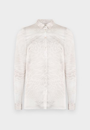 Chemise beige clair à boutons, en tissu transparent, avec un imprimé animalier subtil, manches longues et col classique à boutons.