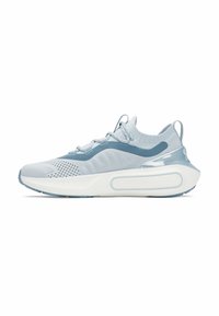 Light blue athletic shoes with a knitted upper, perforated texture, and a thick white midsole. Features a flat lace system and a reinforced heel.