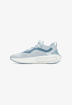 Light blue athletic shoes with a knitted upper, perforated texture, and a thick white midsole. Features a flat lace system and a reinforced heel.