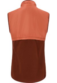 Ärmlös väst i orange nylon upptill och brun strukturerad fleece nertill. Har en hög krage och en mjuk, glänsande finish på den övre delen.