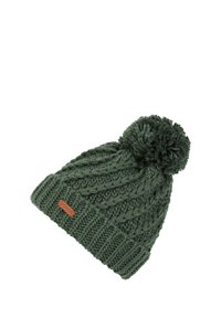 Gorro de invierno de punto verde oscuro con un ancho patrón de trenzas, ala acanalada doblada, pompón en la parte superior y una pequeña etiqueta marrón "protest" en el ala.