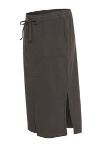 Jupe gris foncé longueur genoux avec fente latérale, poche plaquée à l'avant et ceinture élastique avec cordon.