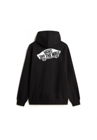 Felpa nera con cappuccio e maniche lunghe. Presenta una grande grafica bianca di uno skateboard con il testo "VANS 'OFF THE WALL'" sul retro.