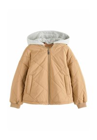 Giacca imbottita e trapuntata di un colore marrone chiaro con cappuccio grigio, dotata di zip frontale, due tasche laterali e polsini elastici.