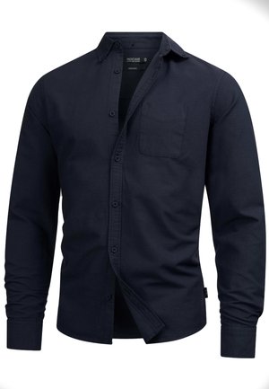 Navy long-sleeved shirt made of cotton with a button-down collar, chest pocket, and a straight hem. Features front button closure.