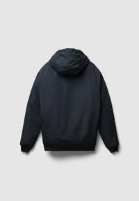 Giacca nera con cappuccio realizzata in materiale leggero, caratterizzata da una vestibilità comoda, polsini a coste e una texture liscia.