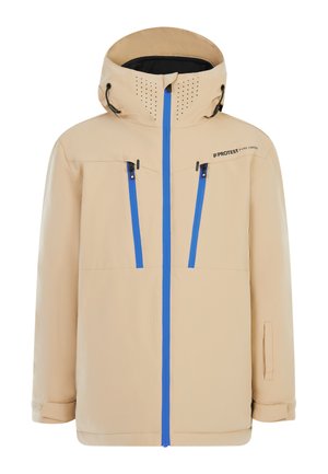 Beige waterdichte jack met een capuchon, voorzien van blauwe ritsen, twee borstzakken en ventilatiegaten op de capuchon. Eenvoudig ontwerp, relaxte pasvorm.