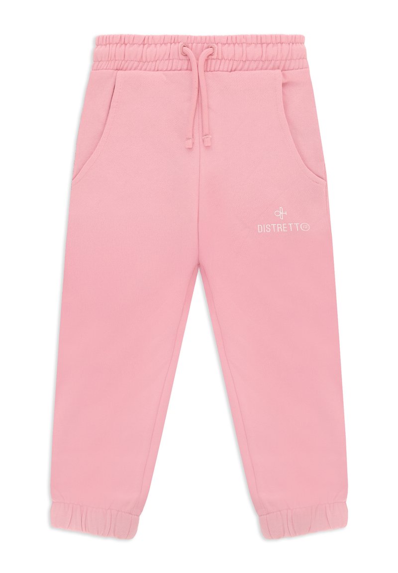 Pantaloni della tuta rosa chiaro con vita elastica, coulisse, due tasche laterali e polsini a coste. Presentano un piccolo logo bianco sulla coscia.