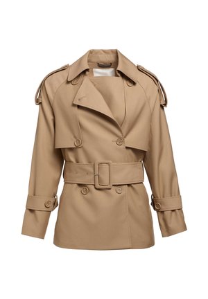 Beige trench coat with a double-breasted design, wide collar, belted waist, and shoulder epaulets. Features buttoned cuffs and a smooth texture.