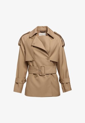Beige-Trenchcoat mit doppelter Knopfleiste, breitem Kragen, tailliertem Gürtel und Schulterklappen. Verfügt über knöpfbare Manschetten und eine glatte Textur.