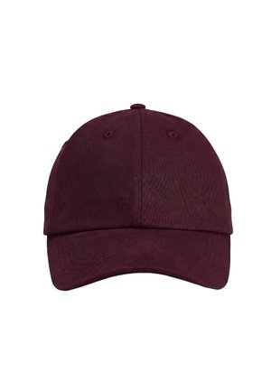 Czapka bejsbolowa z bawełny w ciemnym bordowym kolorze, z zakrzywionym daszkiem i otworami wentylacyjnymi, widziana z przodu na białym tle.