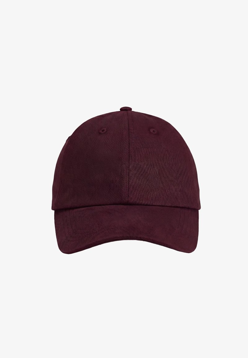 Czapka bejsbolowa z bawełny w ciemnym bordowym kolorze, z zakrzywionym daszkiem i otworami wentylacyjnymi, widziana z przodu na białym tle.