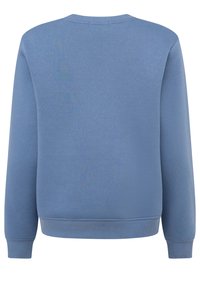 Jasnoniebieska bluza z okrągłym dekoltem, długimi rękawami oraz ściągaczami przy mankietach i u dołu. Gładka faktura, minimalistyczny design bez wzorów.