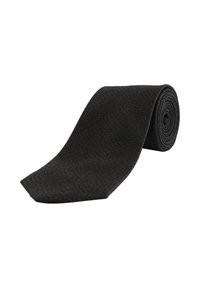 Svart vävd slips med en texturerad yta. Smal form som avsmalnar mot en spetsig ände, rullad upp på ena sidan, med en enhetlig färg utan mönster.