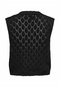 Must oruseta kootud vest, millel on tekstuuriga teemantmustriga disain. Avatud kude tagab hingavuse. Valmis ribakraega.