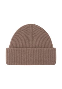 Berretto a cuffia marrone a coste, realizzato in morbida lana, con design senza cuciture e finitura texture.