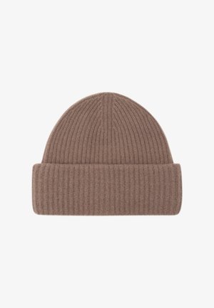 Braune gerippte Strickmütze mit umgeschlagenem Bündchen, aus weicher Wolle gefertigt, mit nahtlosem Design und strukturierter Oberfläche.