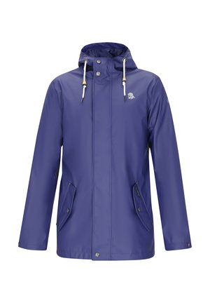 Violetti sadeviitta, jossa on huppu, kaksi etutaskua, kiristysnauhat ja napit turvallista kiinnitystä varten. Sileä, vedenpitävä materiaali.