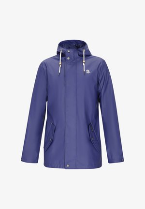 Violetti sadeviitta, jossa on huppu, kaksi etutaskua, kiristysnauhat ja napit turvallista kiinnitystä varten. Sileä, vedenpitävä materiaali.