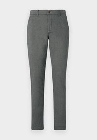 Pantalon gris slim-fit avec fermeture à bouton et à glissière, passants de ceinture et poches latérales, présenté sur un fond blanc uni.