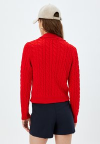 Czerwony sweter z dzianiny z wzorem w warkocze, z prążkowanymi mankietami i dołem, noszony na ciemnych szortach. Widok z tyłu; ma wysoki kołnierz i długie rękawy.